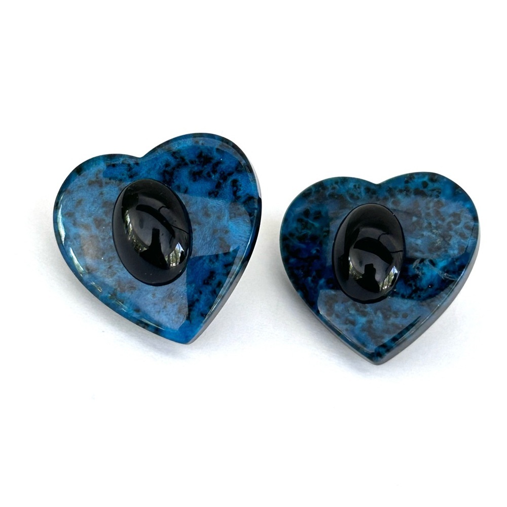 Blue Heart Oval Black Cabochon Earrings Vintage